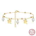 Elegant S925 sterling silver anklet with pearls and clovers in 14K gold finish. - SA54-14K / 925 Silver