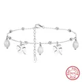 S925 sterling silver anklet with natural pearls and clover charms. - SA54-P / 925 Silver