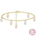 S925 Sterling Silver anklet with 14K gold plating and white and pink pearl charms. - SA49-14K / 925 Silver