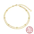Double-layered S925 sterling silver anklet with 14K gold plating and elegant beads - SA14-14K / 925 Silver