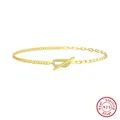S925 Sterling Silver 14K gold plated mixed link anklet with crystal oval and T-bar - SA62-14K-9 / 925 Silver