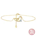 Elegant S925 sterling silver anklet with 14K gold plating and double heart pendant - Minimum Order Of 30 - Sa31-14k / 925 Silver