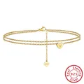 Double-layered S925 sterling silver anklet with 14K gold plating and heart charm. - Minimum Order Of 30 - Sa18-v / 925 Silver