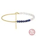 Elegant gold plated S925 silver anklet with natural white pearls and blue lapis lazuli beads - Minimum Order Of 30 - Sa56-14k / 925 Silver