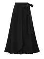 Detailansicht eines eleganten schwarzen High-Waist-Wickelrocks in Midilänge mit Schleife - XS / Schwarz