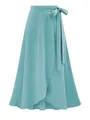 Front view of a light blue high-waisted wrap midi skirt with a stylish bow tie waist - XS / Lake Green