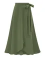 Eleganter olivgrüner Midirock mit hoher Taille, Bindegürtel und asymmetrischem Saum - XS / Armeegrün