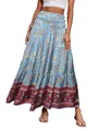 Elegant Bohemian blue floral print high waisted maxi skirt with ethnic border trim - Sky Blue