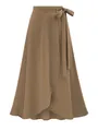 Elegant high waisted midi skirt featuring irregular wrap hem and side tie-waist bow - XS / Khaki