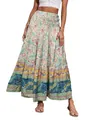 Detail view of bohemian floral high waist maxi skirt with tiered design and smocked waist - Apricot