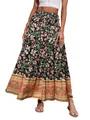 Bohemian floral high waist maxi skirt with tiered design and ethnic print border - Black Pink Floral Style (15)
