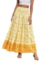 Detailed view of the tiered yellow floral print on high waisted bohemian maxi skirt. - Cream Orange Floral Style (17)