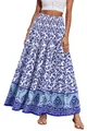 Detail of bohemian high-waisted maxi skirt with blue floral print and smocked waist - Blue White Floral Style (18)