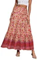 Bohemian floral print high waisted maxi skirt with tiered design and a flowing hem - Pink Orange Beige Floral Style (20)