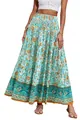 Detailed view of bohemian floral print on high waist tiered maxi skirt for beach - Light Cyan Bohemian Style (21)