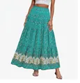 Bohemian style turquoise floral print high waist tiered maxi skirt for beach wear - Lake Blue Bohemian Style (14)