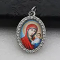 Close-up of oval micro-pave pendant featuring a religious icon of Mary and Jesus - Silver Madonna and Child Style (DZJFT001) / Silver Red Variant 1