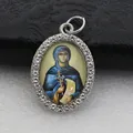 Vintage oval religious icon pendant with micro-inlaid rhinestones and silver finish - Silver Saint Portrait Style (DZJFT001) / Silver Blue