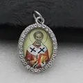 Macro detail of oval micro-pave pendant with religious saint icon and crystals - Silver Color Religious Saint Icon Style (DZJFT001) / Coffee Silver