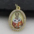 Exquisite detail of oval religious saint pendant with micro-paved crystal rhinestones - Gold Religious Portrait Style (DZJFT001) / Coffee Gold