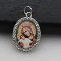 Close-up of oval micro-pave religious icon pendant with rhinestones and Mary motif - Silver Traditional Religious Portrait Style (DZJFT001) / Silver Red Variant 7