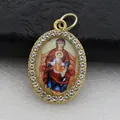 Detailed view of oval pendant featuring Madonna and Child icon with rhinestone border. - Gold Religious Portrait Album Style (DZJFT001) / Gold Red Variant 2