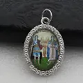 Detail of an oval micro-paved rhinestone pendant with a religious angel illustration - Silver Classic Religious Illustration Style (DZJFT001) / Silver Green