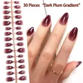 Realistic plum gradient almond press-on nails set with 30 pieces shown on a hand - Plum Gradient