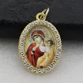 Oval gold-toned religious pendant with rhinestone halo and Virgin Mary icon - Gold Religious Portrait Style (DZJFT001) / Gold Red Variant 5