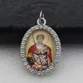 Detail shot of an oval pendant with micro-pave stones and vintage saint portrait - Silver Vintage Saint Image Style (DZJFT001) / Silver Red Variant 3