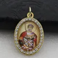 Detailed macro shot of an oval micro-pave religious saint icon pendant charm - Gold Religious Saint Style (DZJFT001) / Gold Red Variant 3