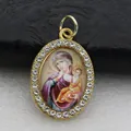 Vintage gold oval religious icon pendant with crystal border featuring Mary and Child - Gold Religious Icon Painting Style (DZJFT001) / Gold Purple