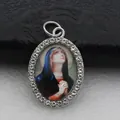 Close-up of oval religious pendant with micro-paved rhinestones and Virgin Mary portrait - Silver Virgin Mary Style (DZJFT001) / Silver Blue Variant 2