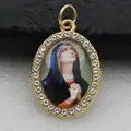 Oval Virgin Mary religious charm pendant featuring micro-set sparkling rhinestones detail - Gold Virgin Mary Style (DZJFT001) / Gold Blue Variant 2