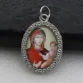 Close-up of an oval rhinestone-encrusted pendant with a religious Saint Mary icon. - Silver Color Religious Image Style (DZJFT001) / Silver Red Variant 4