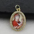 Detailed view of oval gold pendant with religious Virgin Mary icon and rhinestones - Gold Classic Madonna and Child Style (DZJFT001) / Gold Red Variant 4