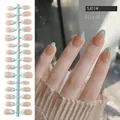 Almond shape press-on nails featuring mint green floral vine art on natural base - Floral Vine (SJ01#)