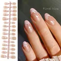 Elegant almond-shaped press-on nails with white floral vine pattern on a nude base - Floral Vine (SJ02#)