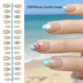 Ocean themed almond press-on nails featuring 3D starfish and blue wave tip designs - Starfish Shell Glue (SJ09#)