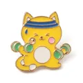 Cute yellow cartoon cat enamel pin badge featuring fitness theme with dumbbells - Yellow Cat Dumbbell Style (JEWB-Q012-01C)