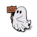 Cute white cartoon ghost enamel pin with BOO sign Halloween badge clothing accessory - Ghost with Sign Style (JEWB-Q044-02C)