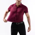 Premium high-elasticity slim-fit short-sleeve men's business shirt in deep burgundy red - XS / Tops / Burgundy Short Sleeve