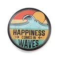 Round enamel pin badge featuring 'Happiness Comes in Waves' vintage sunset design logo. - Sunset Waves Badge (JEWB-R053-03P-03)