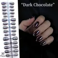 Short almond-shaped handmade press-on nails in deep dark chocolate brown glossy finish - Hailey Dark Choco (DD01#)