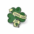 Green shamrock enamel pin badge with Double Luck Day ribbon for clothes decoration - Double Luck Clover (JEWB-R066-01EB-04)
