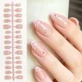 Elegant almond press-on nails with delicate pink stripes and white star rhinestone details - Little Star (SJ15#)