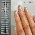 Elegant short almond press-on nails featuring light blue French tips and pink rhinestones - Star White Moonlight Cherry (SJ14#)