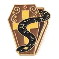 Gothic style coffin and snake enamel pin badge with cross design in brown and black - Snake Coffin Cross Style (JEWB-S024-03B)