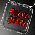 Handmade deep red almond press-on nails with elegant gold wire artistic patterns. - Red Cat Eye Gilded (MLJ02#)