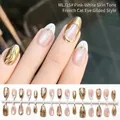 Handmade pink and white French cat-eye almond press-on nails with gold chrome accents. - Pink White French Gilded (MLJ15#)